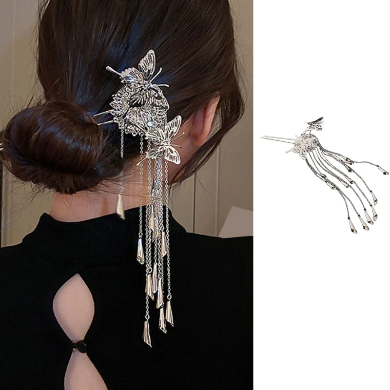 

Vintage Cool Style Butterfly Flower Long Tassel Pendant Hairpin Silver Hair Stick Hair Accessories for Valentine's Day
