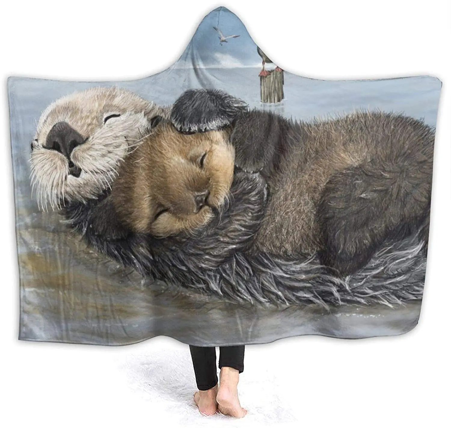 

Одеяло с капюшоном и морской выдрой, Фланелевое, не скатывается, очень мягкое теплое одеяло для зимы, дивана, школы, семейного путешествия, п...