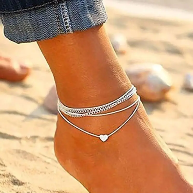 

European American Beach Love Multi-layer Foot Chain Bohemian Style Heart-shaped Peach Heart Double-layer Foot Decoration Female