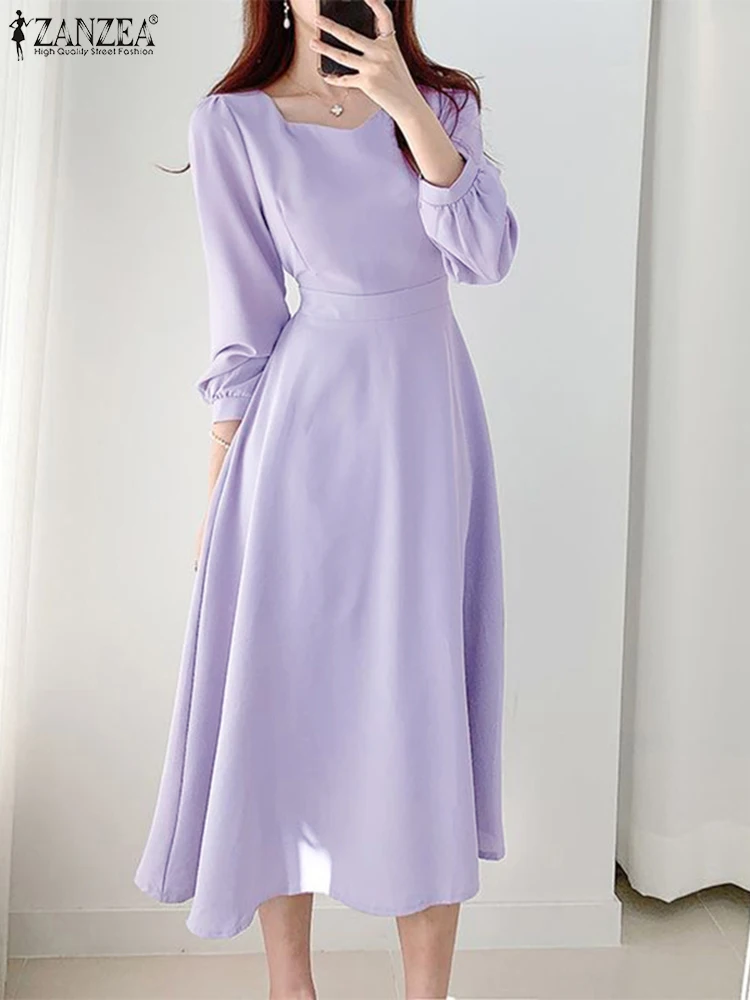 

ZANZEA Women Vintage Long Sleeve Party Dresses Oversized Casual Solid Baggy Sundress Loose Pleated Holiday Robe Femme Longue