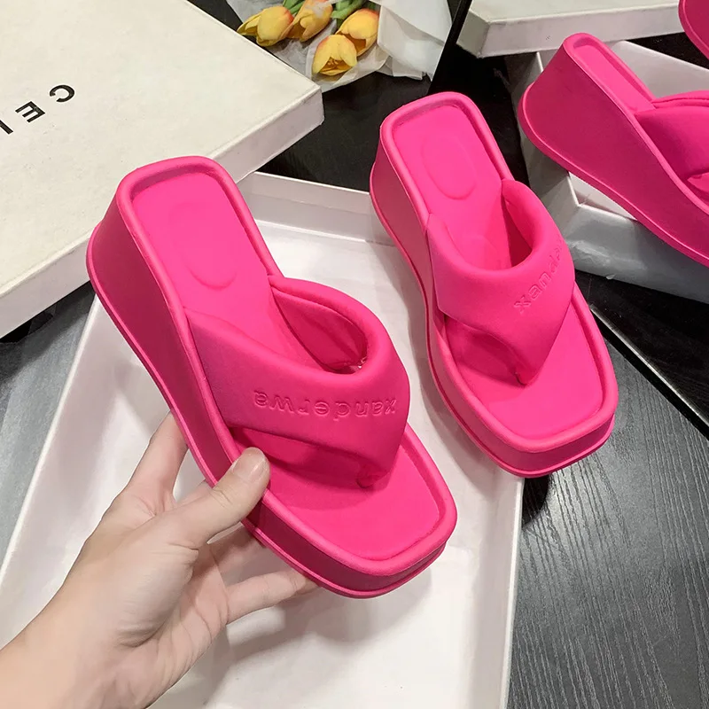 2023 Summer Thick Sole Wedges Flip-Flops Women Chunky Platform Beach Slippers Woman Plus Size 43 Clip Toe Wedge Heeled Sandals