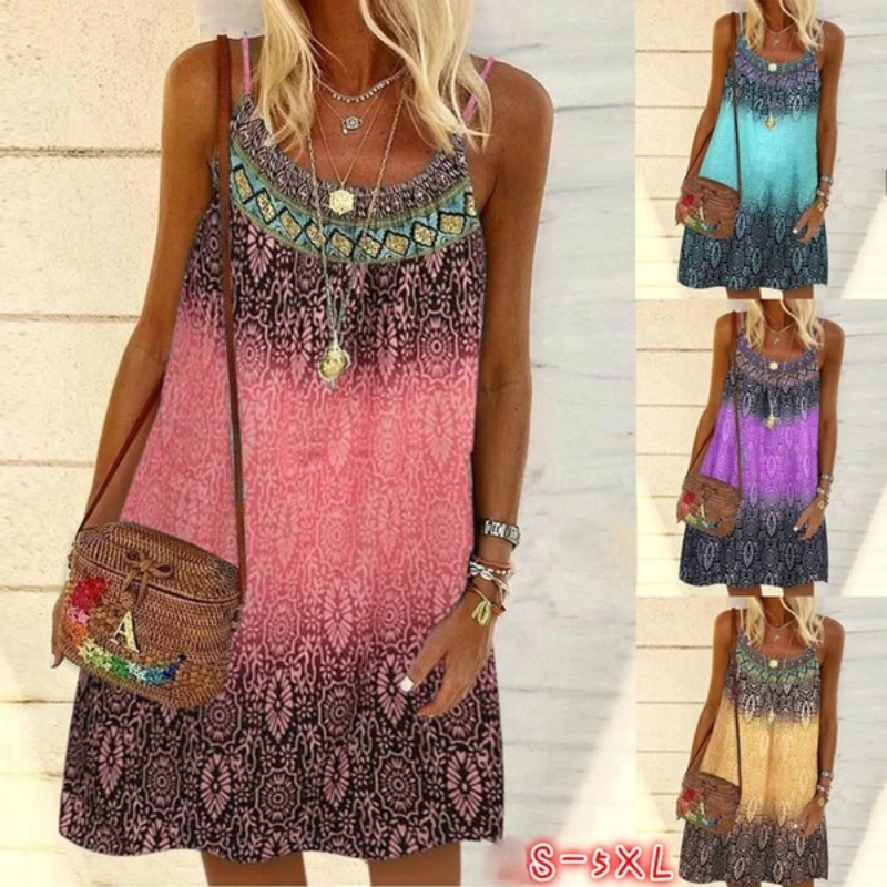 Летнее богемное платье Женский винтажный сарафан на бретельках с принтом