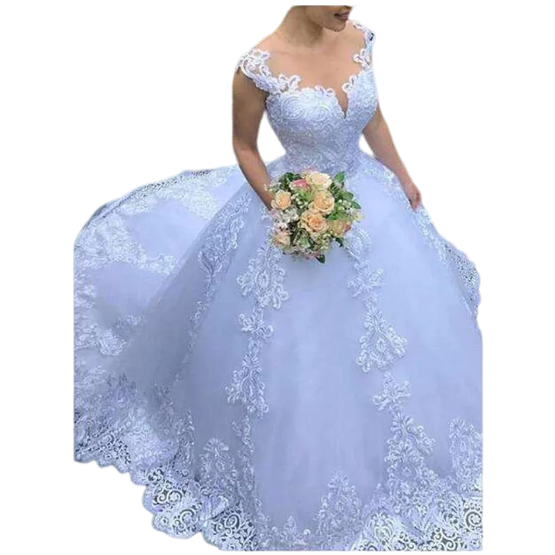 

Cap Sleeves Ballgown Sweep Train Appliques Lace Wedding Dresses Robe De Mariage Plus size Vintage Garden Bridal Gowns