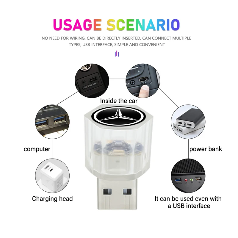 Фото Светодиодная USB-лампа для автомобиля с градиентной подсветкой, разноцветная ночная подсветка для Mercedes Benz AMG A C E S G Class W201 W210 W108 W204 W205 W203 №3