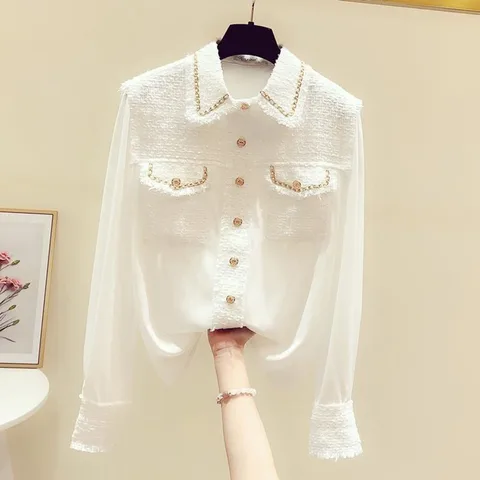 Женская блузка из твида в стиле ретро, маленькая блузка из шифона в французском стиле, модель 2022 года, новый дизайн, одежда для весны и осени, 3XL