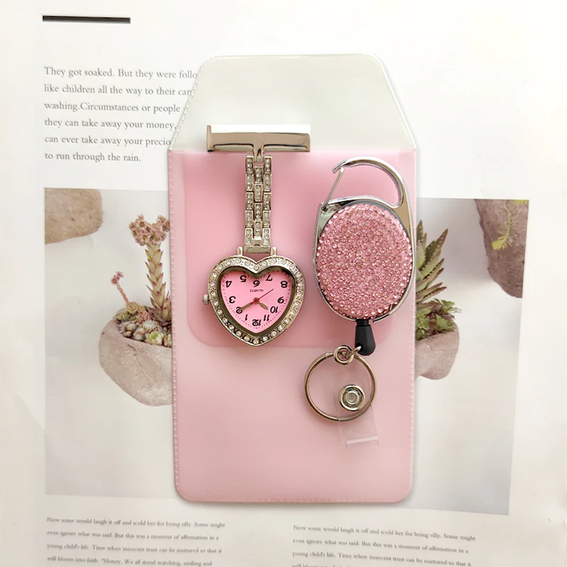 

Nurse Pocket Watch+Pen Holder+Pen Bag+Stretch Buckle Heart-shaped Belt Drill Quartz Watches Brooch Medical Nurse Watch Pink