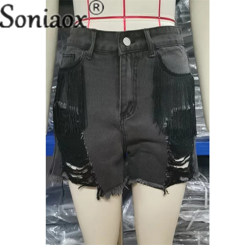 Fashion Broken Holes Splicing Tassels Denim Shorts Women's Street Casual Three-quarter Pants Female Daily Summer Straight Jeans