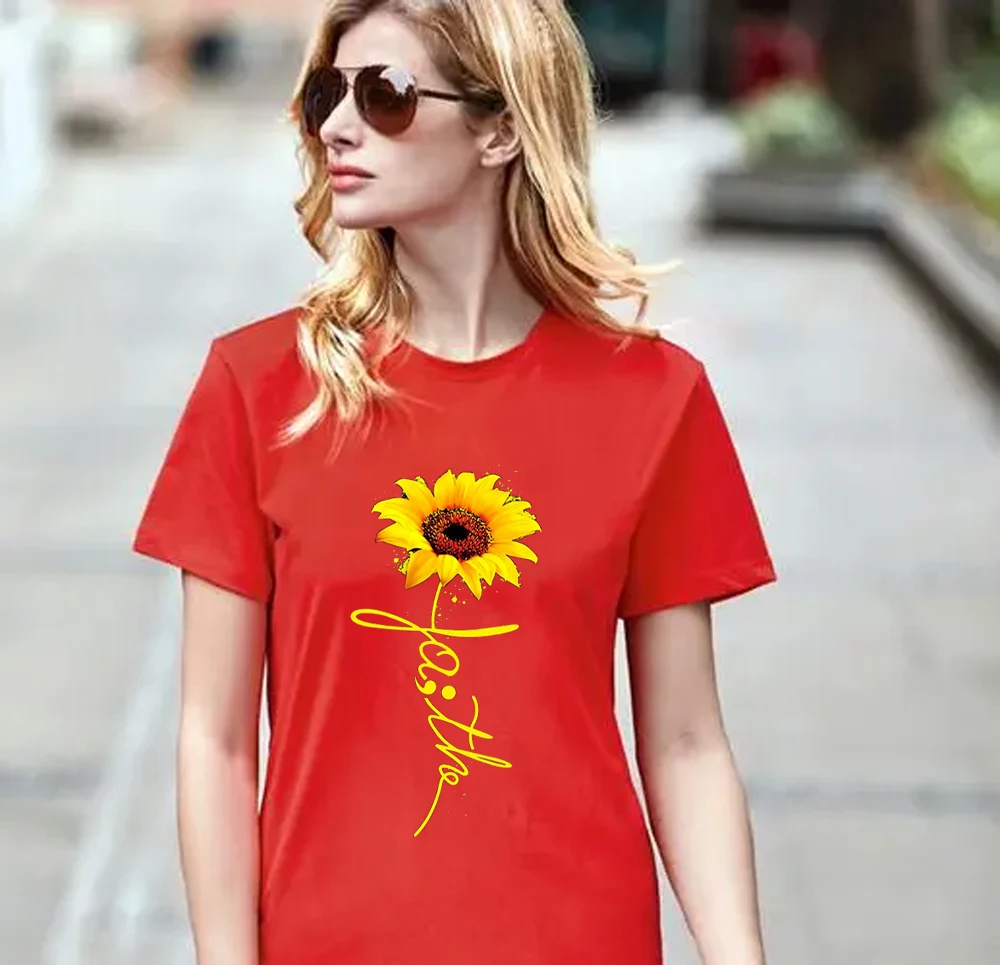 

YRYT Summer Cotton Round Neck Short Sleeve Black Short Sleeve T-shirt Cotton Plus Size Women's Sunflower Top