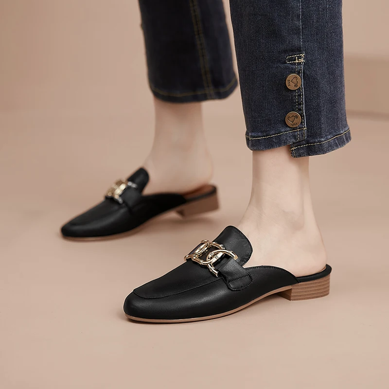 

Jiovodo Genuine Cow Leather Pigskin Closed Toe Spring Summer Woman Metal Square Slip-on Slippers Women Slides Flat Pumps Shoes