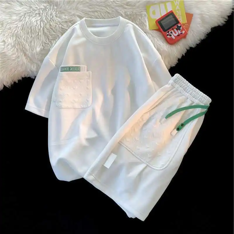 Oversized waffle suit men's and women's summer lovers' suit loose 300kg solid color simple short sleeved shorts