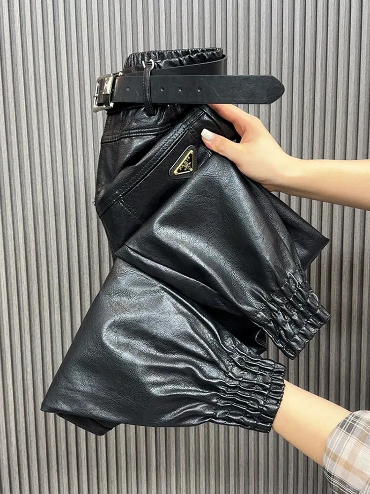 Брюки из ПУ кожи однотонные теплые брюки женские осенне-зимние корейские