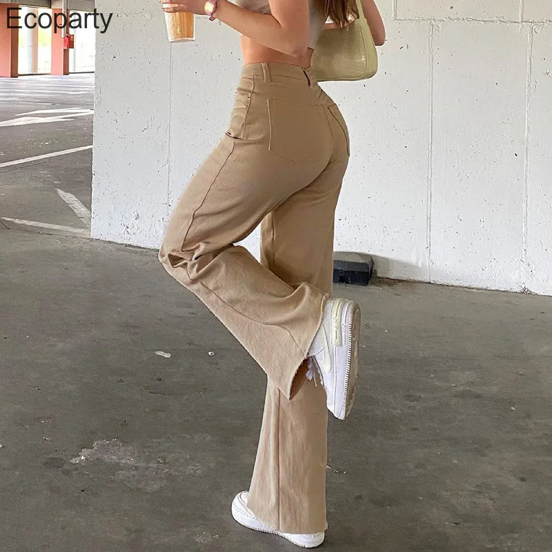 

Jeans Coklat Fashion Y2K Celana Panjang Wanita Pinggang Tinggi Elastis Lebar Kaki Celana Femme Kasual Nyaman Denim Celana Ibu Ce