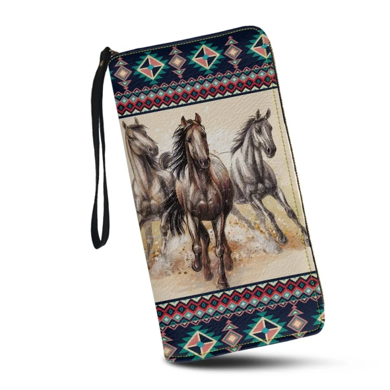 Belidome Womens Leather Wallets Native American Indian Horse Print RFID Blocking Card Holder Wristlet Handbag Ladies Clutch Bags