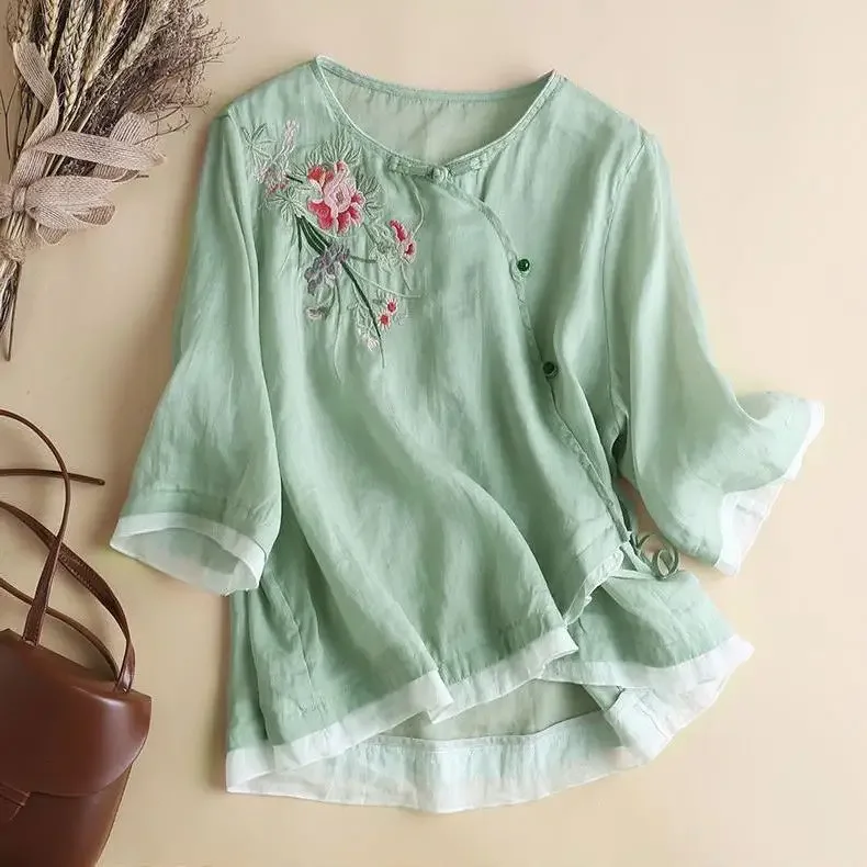 Женская рубашка из хлопка и льна с вышивкой в этническом стиле летнее новое