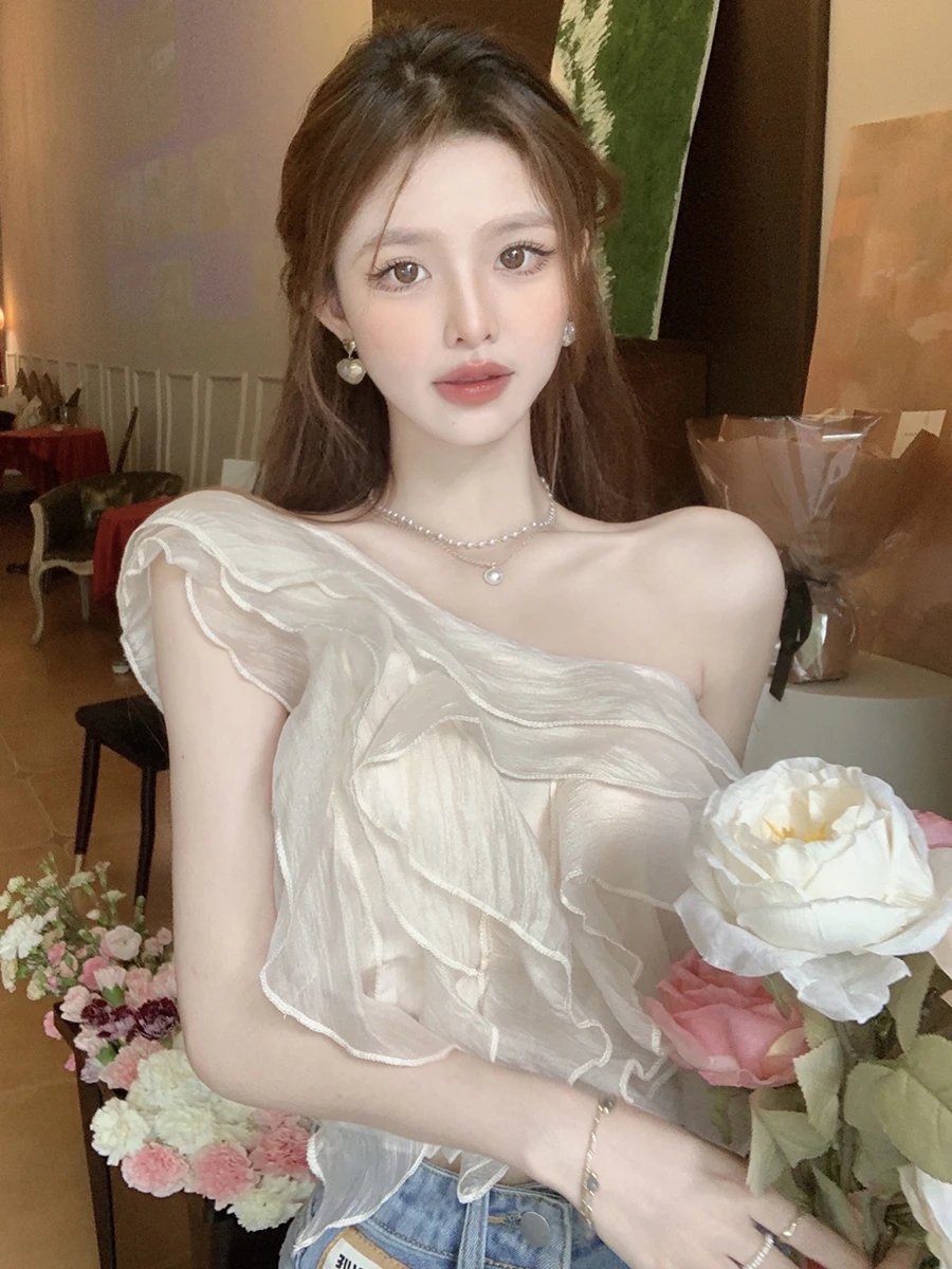 

Will ~ peony fairy feifei falbala pearl chiffon inclined shoulder the female