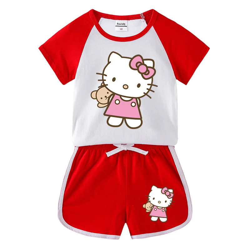 

Kawaii original cartoon Children's suits new girls' hot pants short-sleeved T-shirt shorts summer leisure sports two-piece set