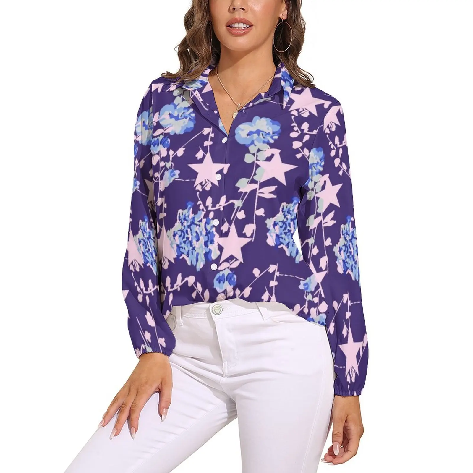 

Blue Flower Print Blouse Female Pink Stars Casual Loose Blouses Long Sleeve Modern Shirts Printed Clothes Big Size 2XL 3XL