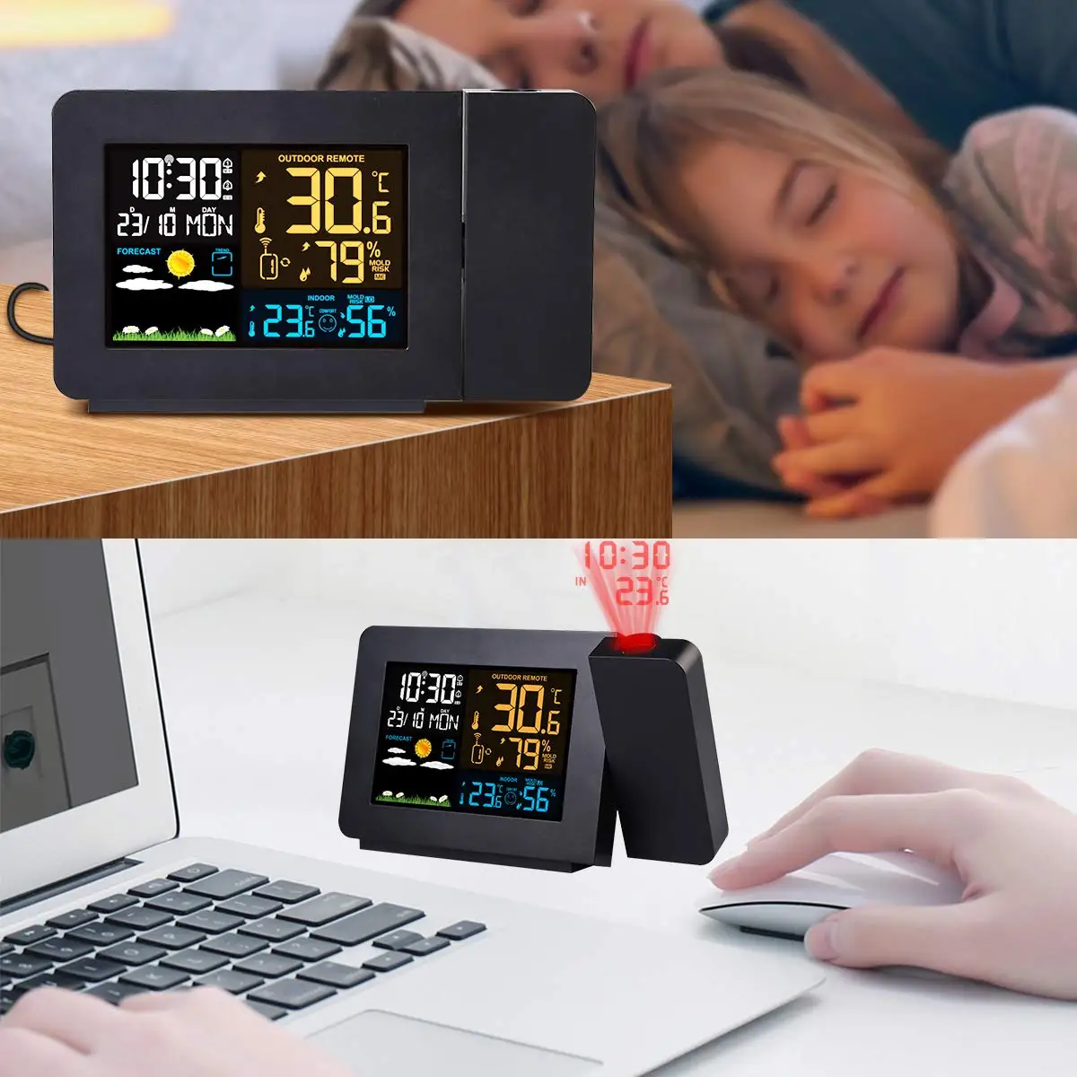 Alarm Clock Digital Projection with Weather Stations Wireless Thermometer Hygrometer Forecast Station Dual Clocks | Дом и сад