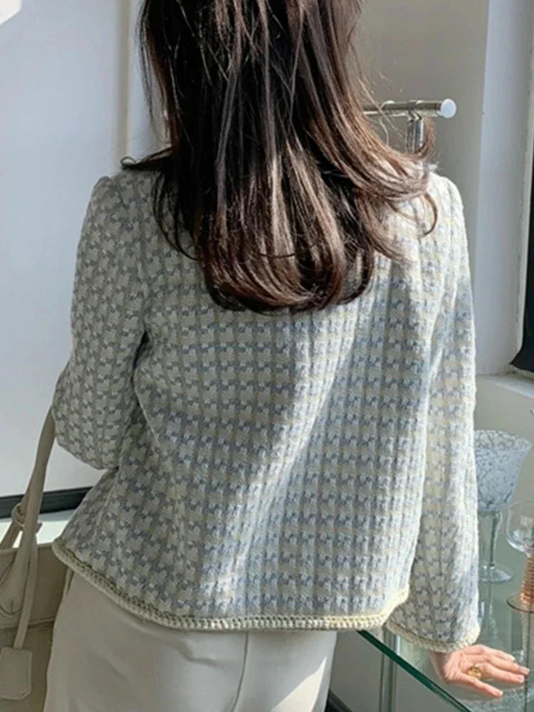 Женский твидовый укороченный пиджак куртки без воротника с длинным рукавом