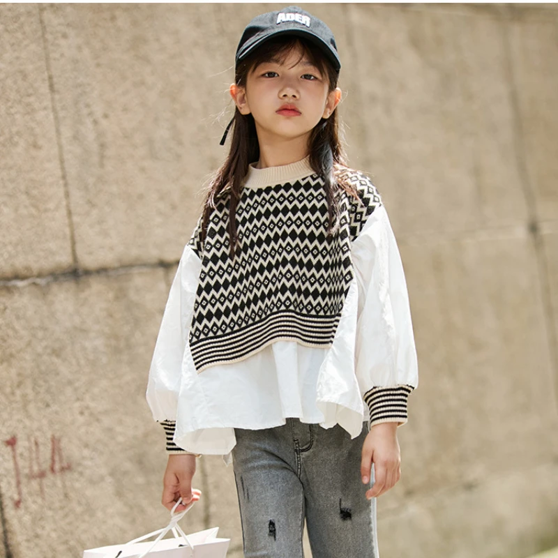 

Teen Clothing Spring Autumn Fashion New Top Plaid Patchwork Design Irregular Pullover Kid Clothes for Girls Casual Sweater 4-14Y
