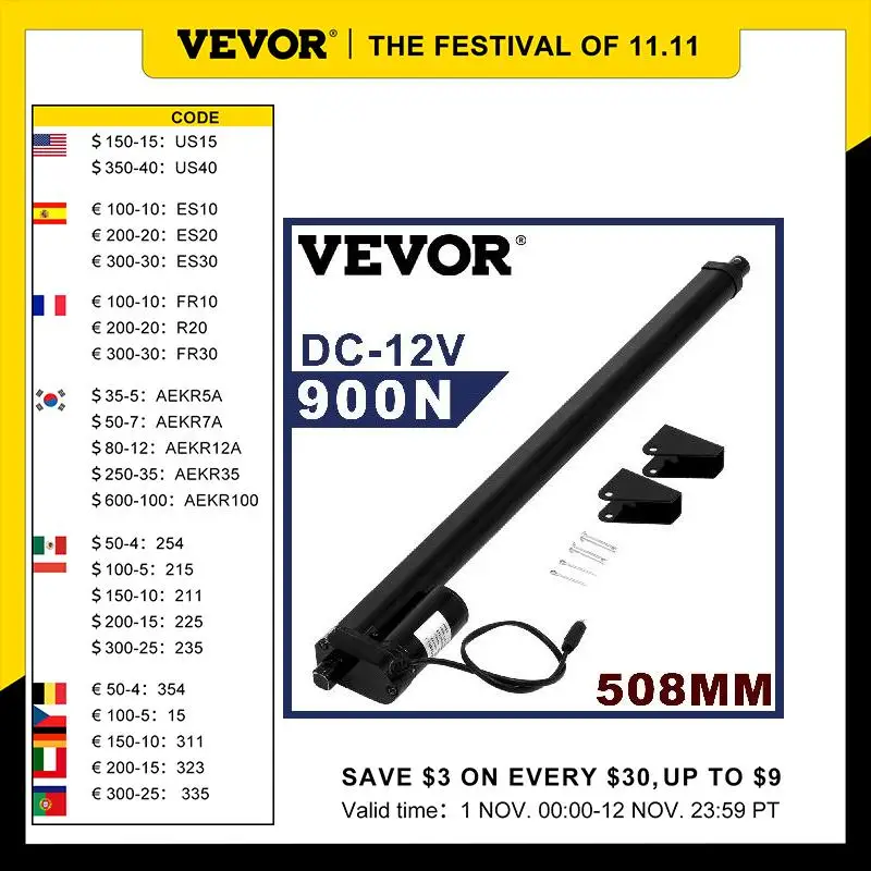 

VEVOR 12V Linear Actuator 500mm Stroke Linear Drive Electric Motor Linear Motor Controller W/ Mounting Bracket 900N For Home Use