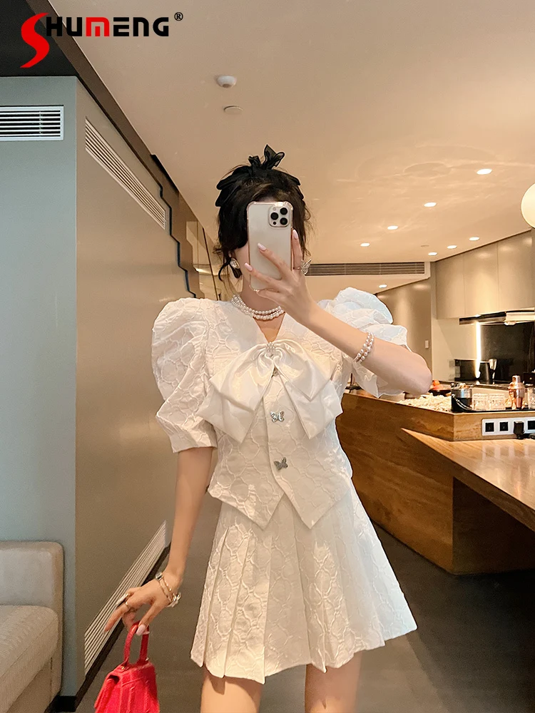 

2022 Summer New Women Outfit Socialite Elegant Puff Sleeve Short Coat and White Women's Pleated Midi Skirts Suit Two-Piece Suit