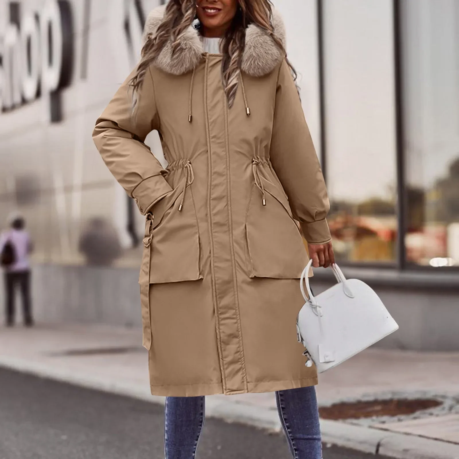 

Лидер продаж, Женский пуховой жилет, Женское пальто, ветрозащитная куртка с кулиской на талии, с искусственным капюшоном, однотонная длинна...