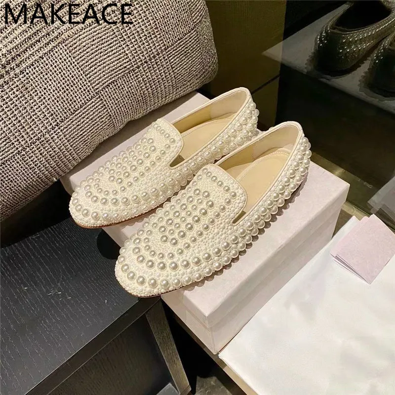 

Spring New Round Toe Pearl Decoration Flat Women Shoes Shallow Real Leather Leisure Flat Shoes Comfort Mules Shoes Woman 2022