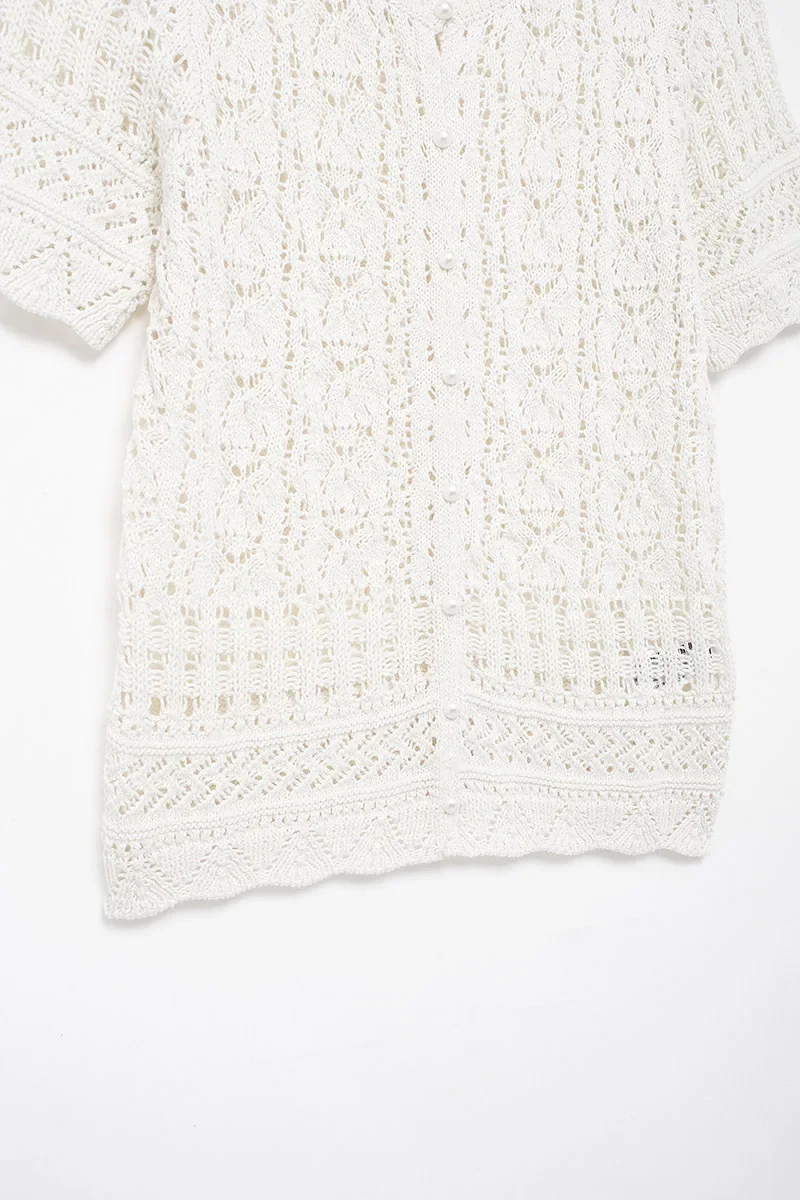 Женский жаккардовый Топ на пуговицах белый вязаный с короткими рукавами и