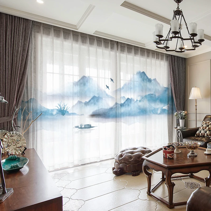 

Custom Chiffon Voile Sheer Curtain Window Tulle Drape for Bedroom Living Room Mountain Hills Water Boat Landscape White