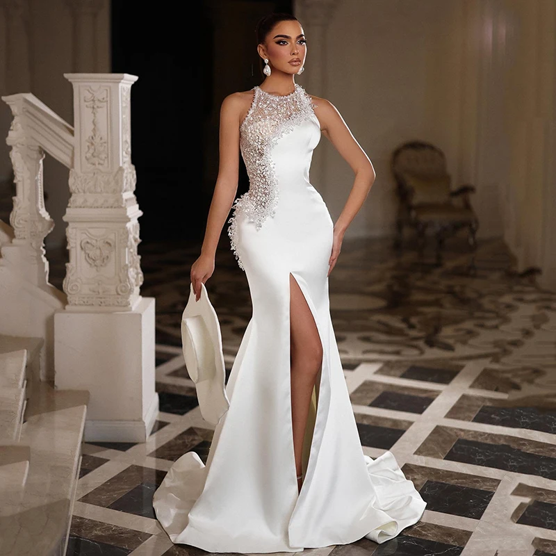 

Eightree Elegant Mermaid Wedding Dresses Boho Beach Sleeveless Split Sequines Bridal Dress White Wedding Prom Gowns Custom Size