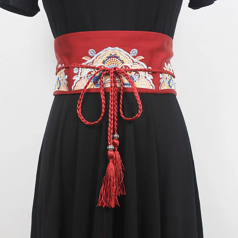 

Wrap Waist Wide Obi Belt for Women Embroidery Flower Self Tie Cotton Hanfu Dress Long Shirt Girdle Fabric