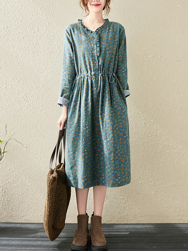 

Women Casual Dress New 2022 Spring Vintage Style Floral Print Loose Comfortable Cotton Linen Female A-line Long Dresses B1699