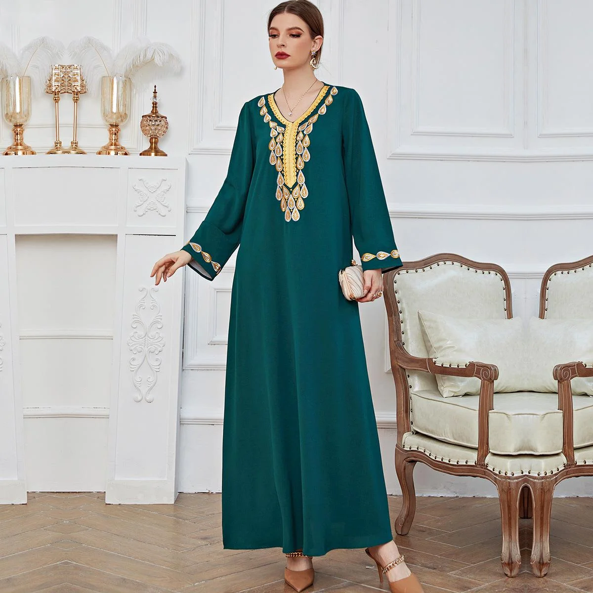 

Morrocan Kaftan Dress High Waist Close Waist National Style Printed Pullover Green Embroidered Dress Dubai Abaya Djellaba