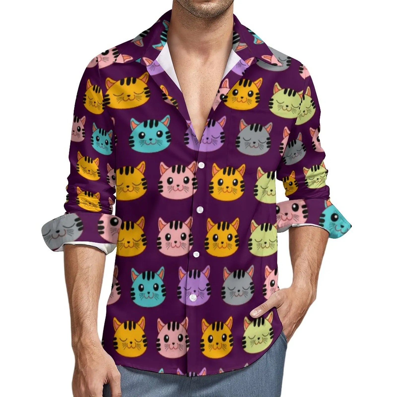 

Cool Cats Casual Shirts Male Cute Animal Print Shirt Long Sleeve Novelty Stylish Blouses Spring Design Clothing Large Size