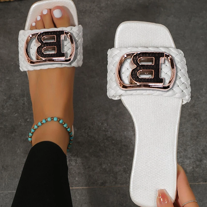 Women Luxury Decor Flat Sandals Weave Charm Design Temperament Open-toe Vacation Casual Slides Party Elegant Office-Ladies Shoes