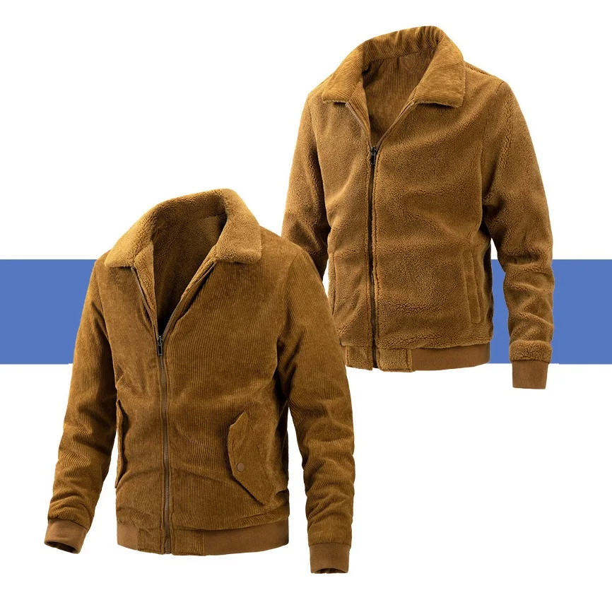 Corduroy Reversible Wearable Fleece Collar Fleece Thermal Jacket Men Winter Short Baseball Uniform Korean Style Fashion Clothes
