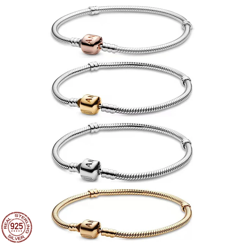 

The new 925 sterling silver classic rose gold bucket buckle snake bone chain bracelet fit original charm pendant beads DIY gift