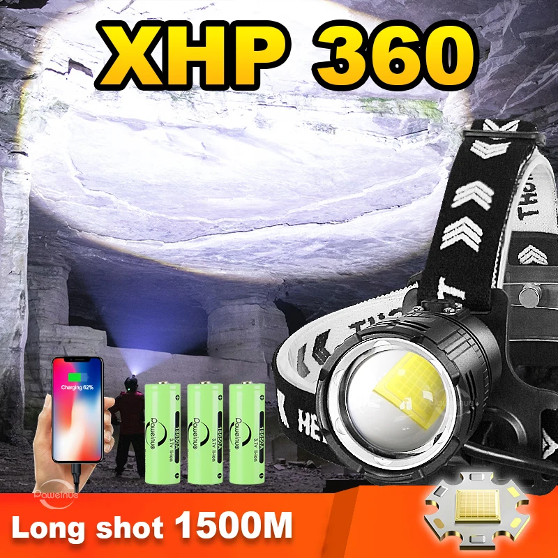 

Powerful XHP360 Led Headlamp High Power USB Rechargeable Head Flashlight Super Bright Outdoor Work Fishing Waterproof Head Lamps