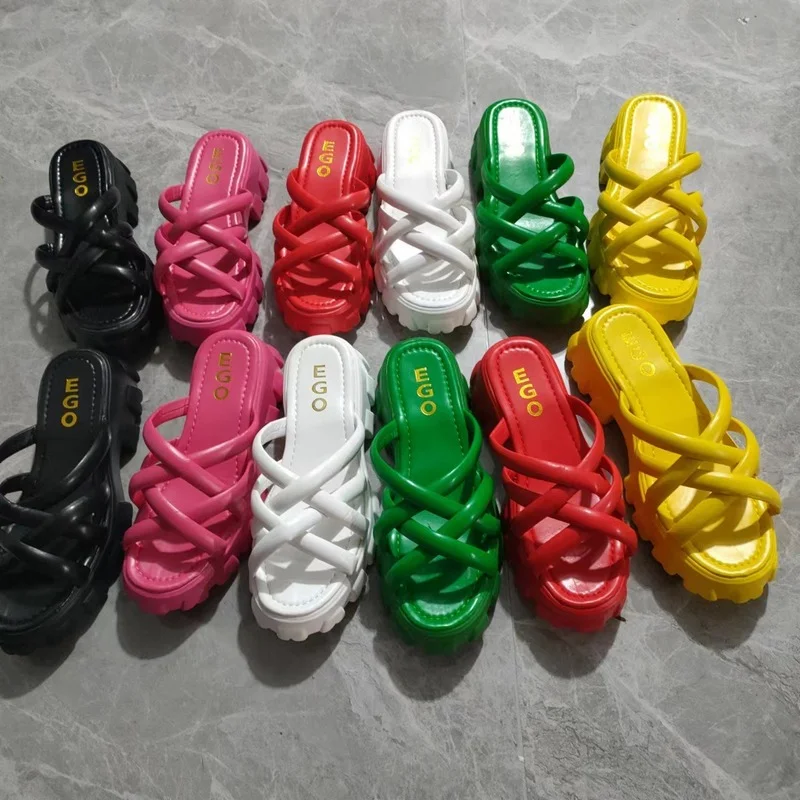 Female Shoes Slippers Heels Platform Sandals Wedge Summer Clogs Woman Slides 2022 New Beach Flat Cross-tied House Slippers Plat