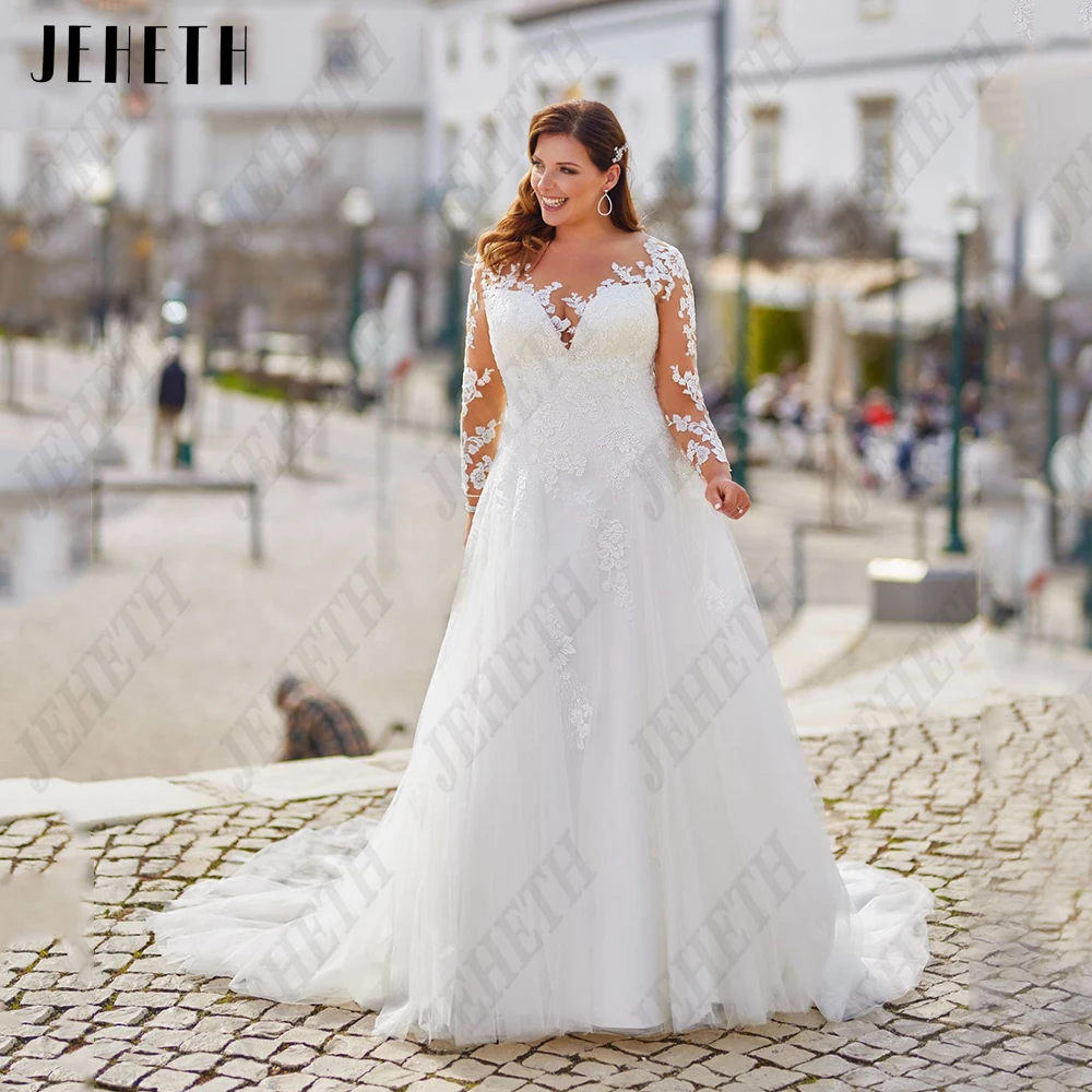 

JEHETH Elegant Long Sleeves Wedding Dresses For Woman Illusion Back Lace Applique Bride Gowns A-Line Tulle vestidos de novia