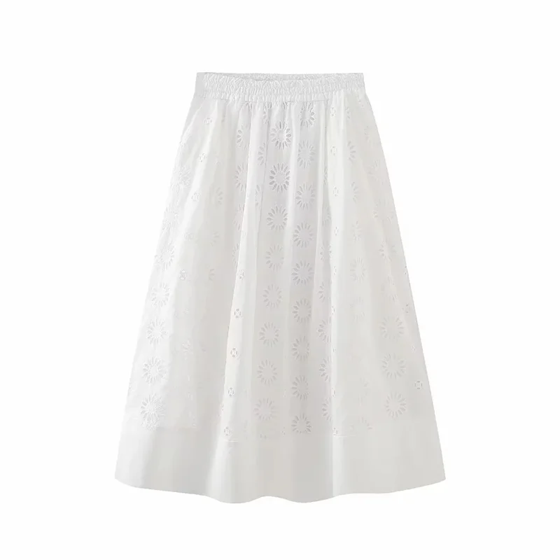 

TRAF Embroidered Eyelet Midi Skirt For Woman 2023 Summer White Tonal Embroidered Eyelet Detail Elastic Waistband High Rise Skirt