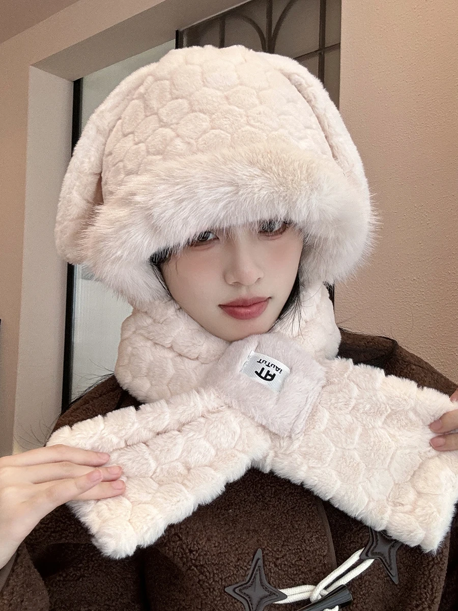 Милая шапка с заячьими ушками шарф интегрированные женские зимние велосипедные