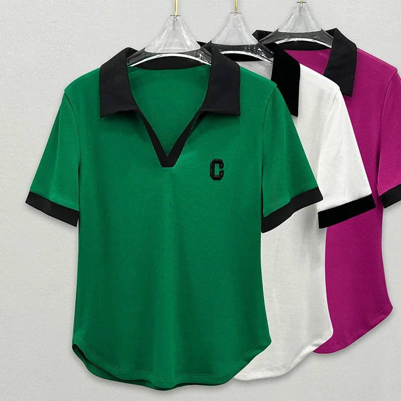 

Contrast Color Polo Collar Letter Short-sleeved T-shirt Women's Summer 22 New Clothes Women's Stitching Top Tooling