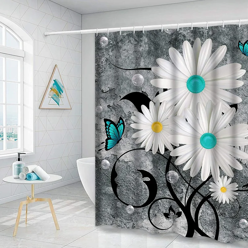

Floral Butterfly Shower Curtain White Daisy Shower Curtain for Bathroom Farmhouse Rustic Bathroom Curtain with 12 Hooks