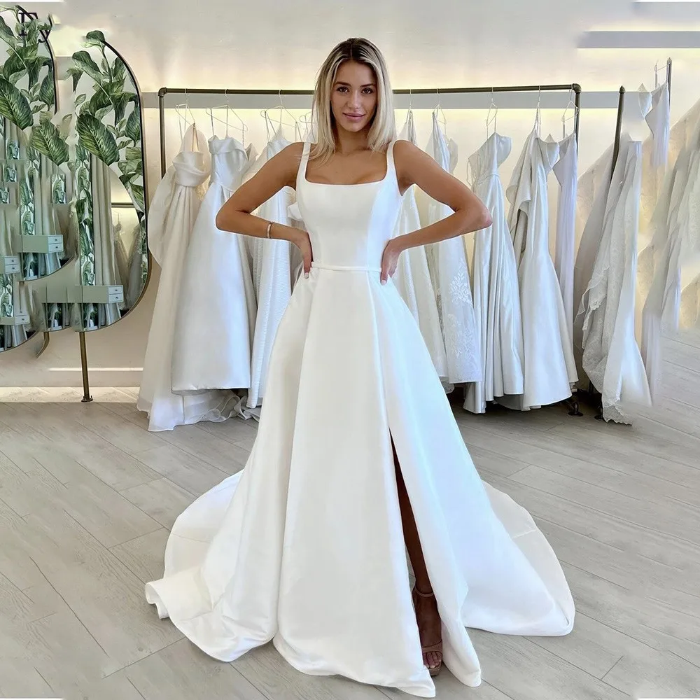 

Simple A Line Wedding Dresses 2023 Square Collar Satin Backless Side Slit Bridal Gowns Sleeveless Vestidos De Novia Custom Made