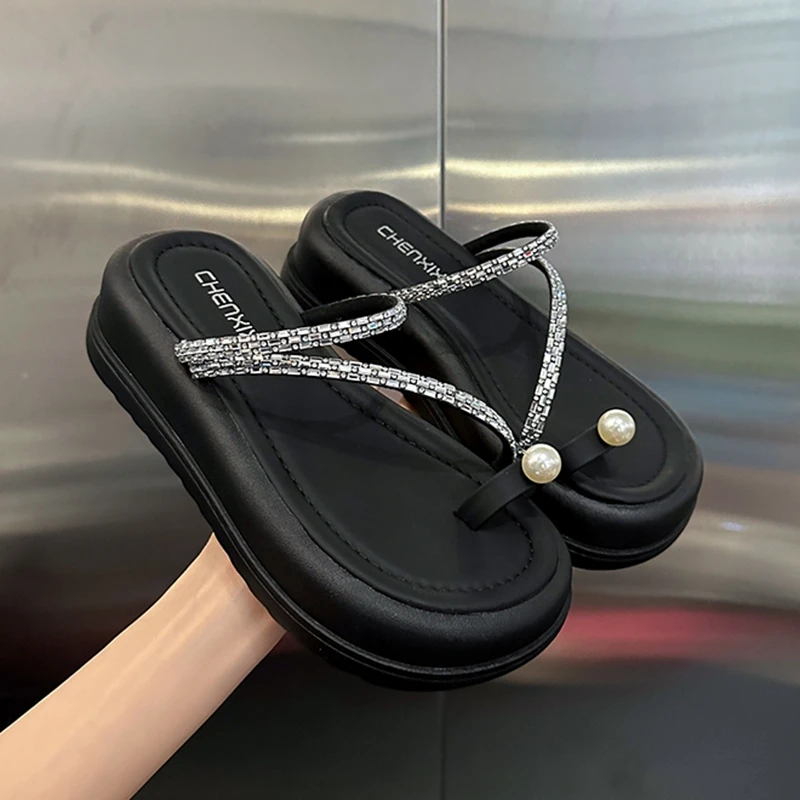 2023 Summer Women Flip Flop Shoes Fashion Crystal High Platform Flats Ladies Slippers Casual Beach Slides Female Outdoor Sandals