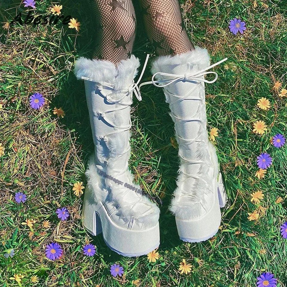 

Purple Boots Fur Decor Lace Up Women Shoes On Heels Chunky High Heel Mid Calf Boots Solid Side Zipper Platform Boots for Women