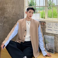 patchwork mens shirts original designer striped long sleeve shirt coat collarless oversize korean streetwear men clothes niche