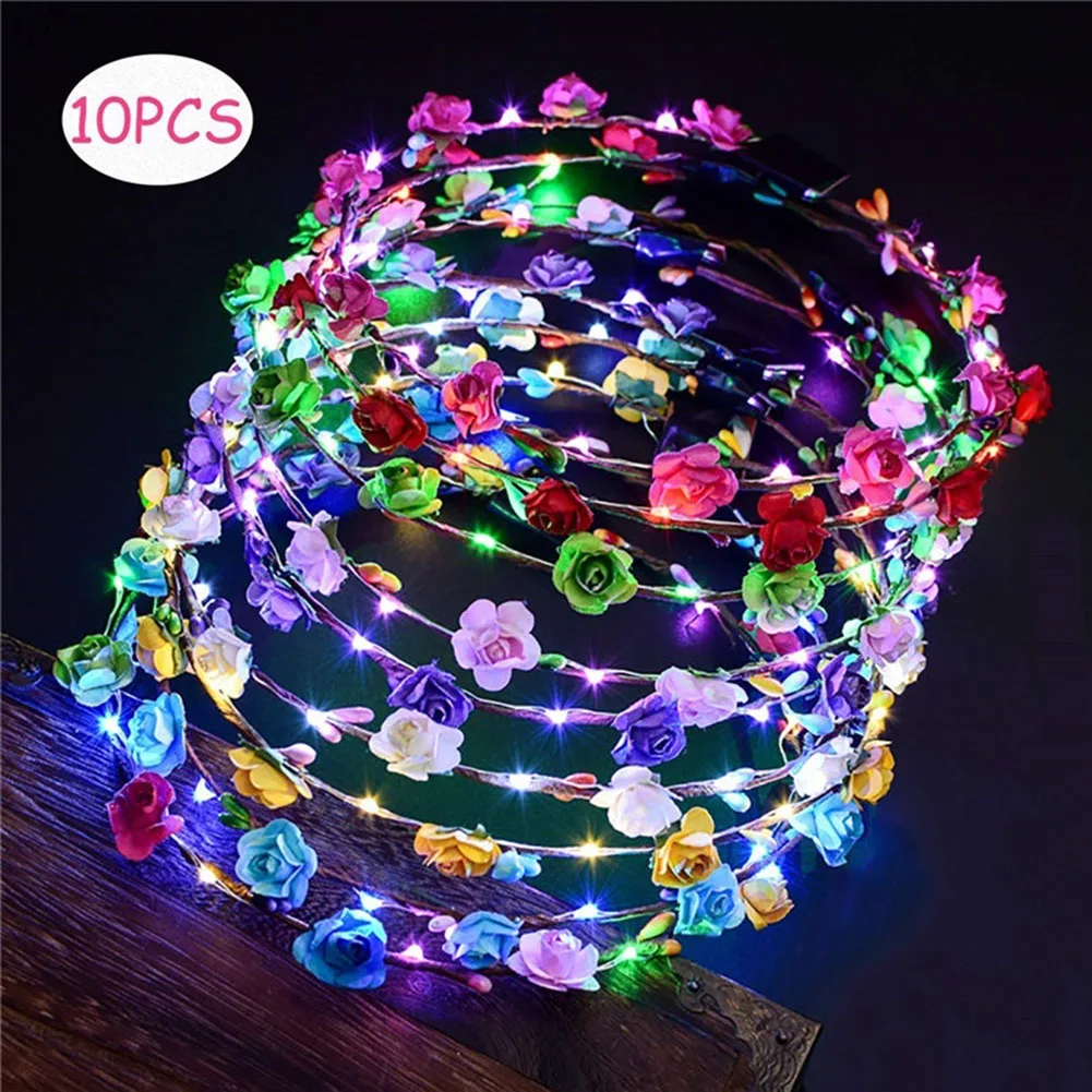 

10 Pcs LED Flower Crown Adjustable Flower Wreath Headband Headpiece Flower Headdress For Women Wedding Festoon Random Color